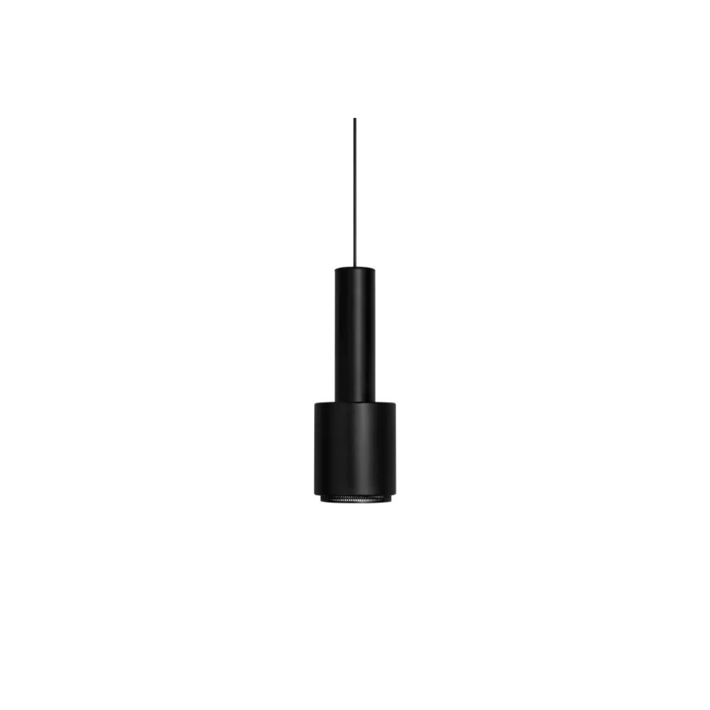 Black pendant light on a white background