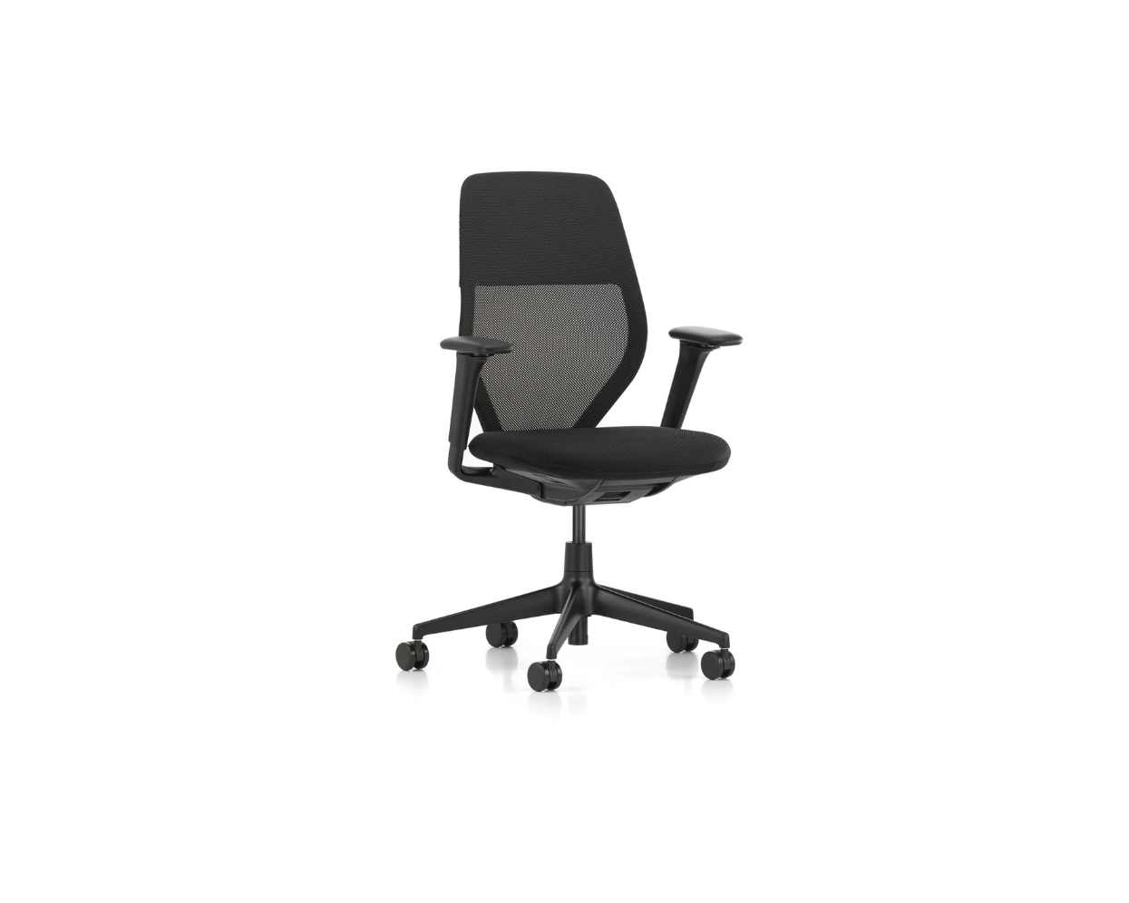 Black office chair with mesh back on a white background