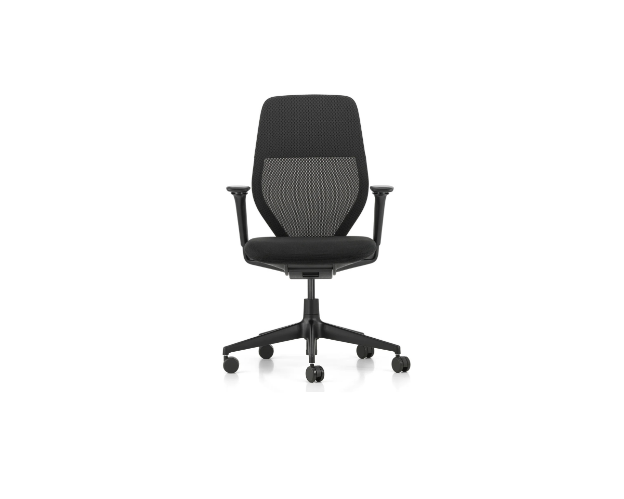 Black office chair with mesh back on a white background