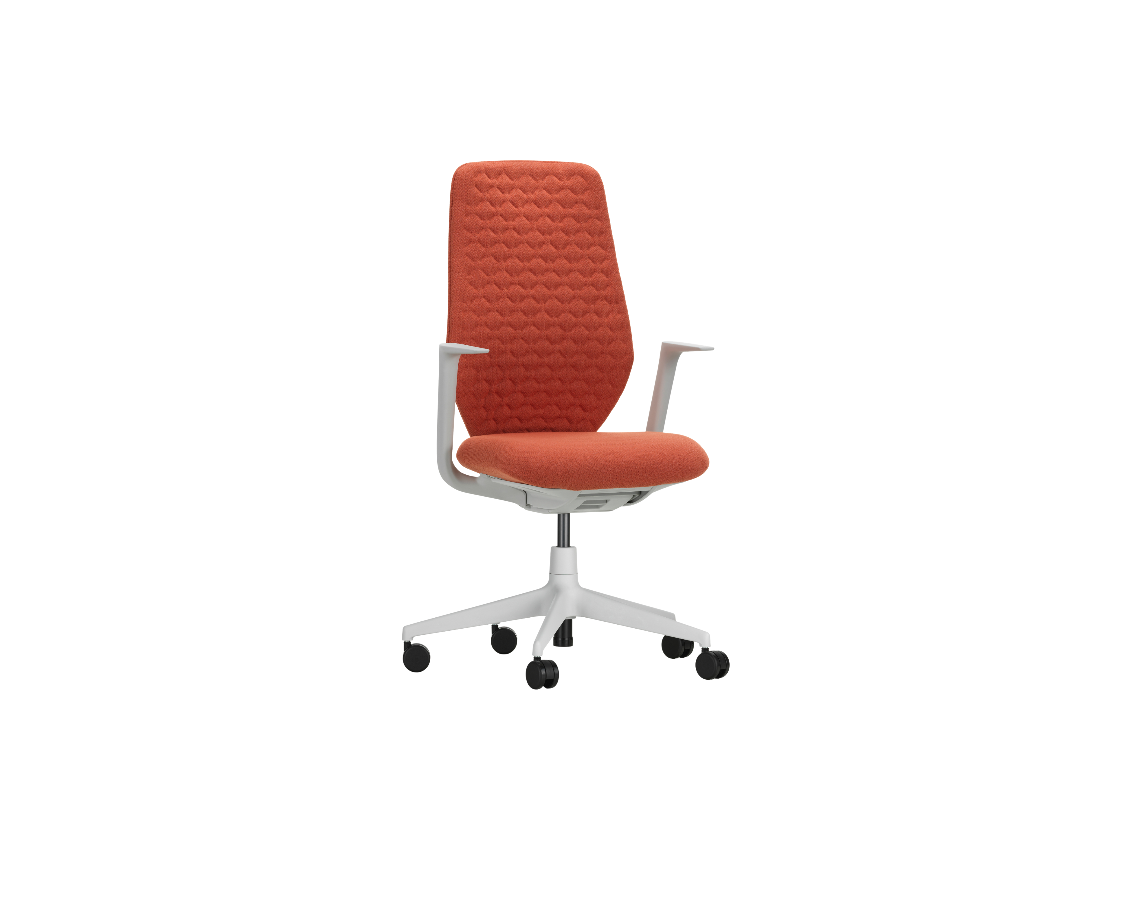 Orange office chair with white frame and wheels on a white background