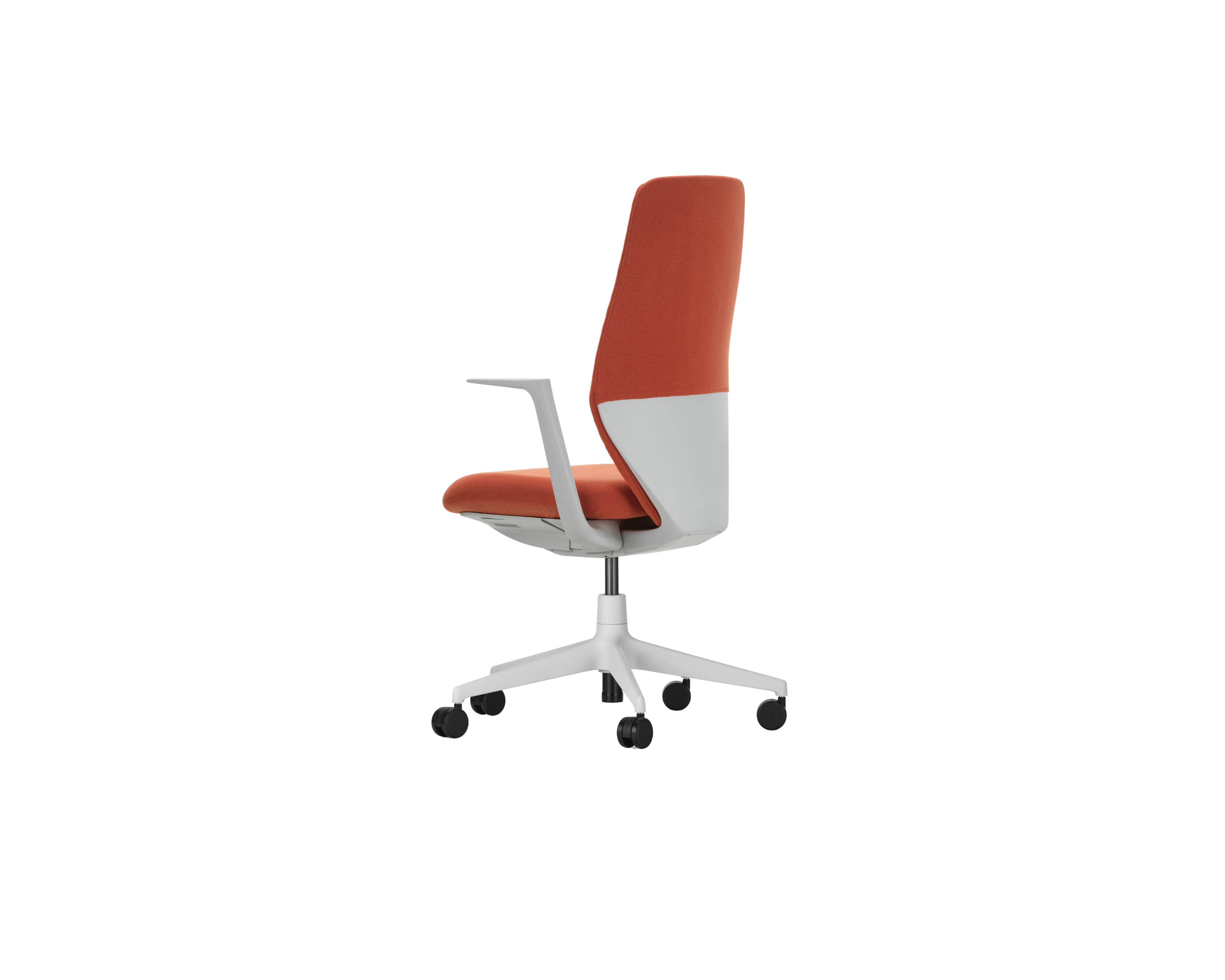 Orange office chair with white base on a white background