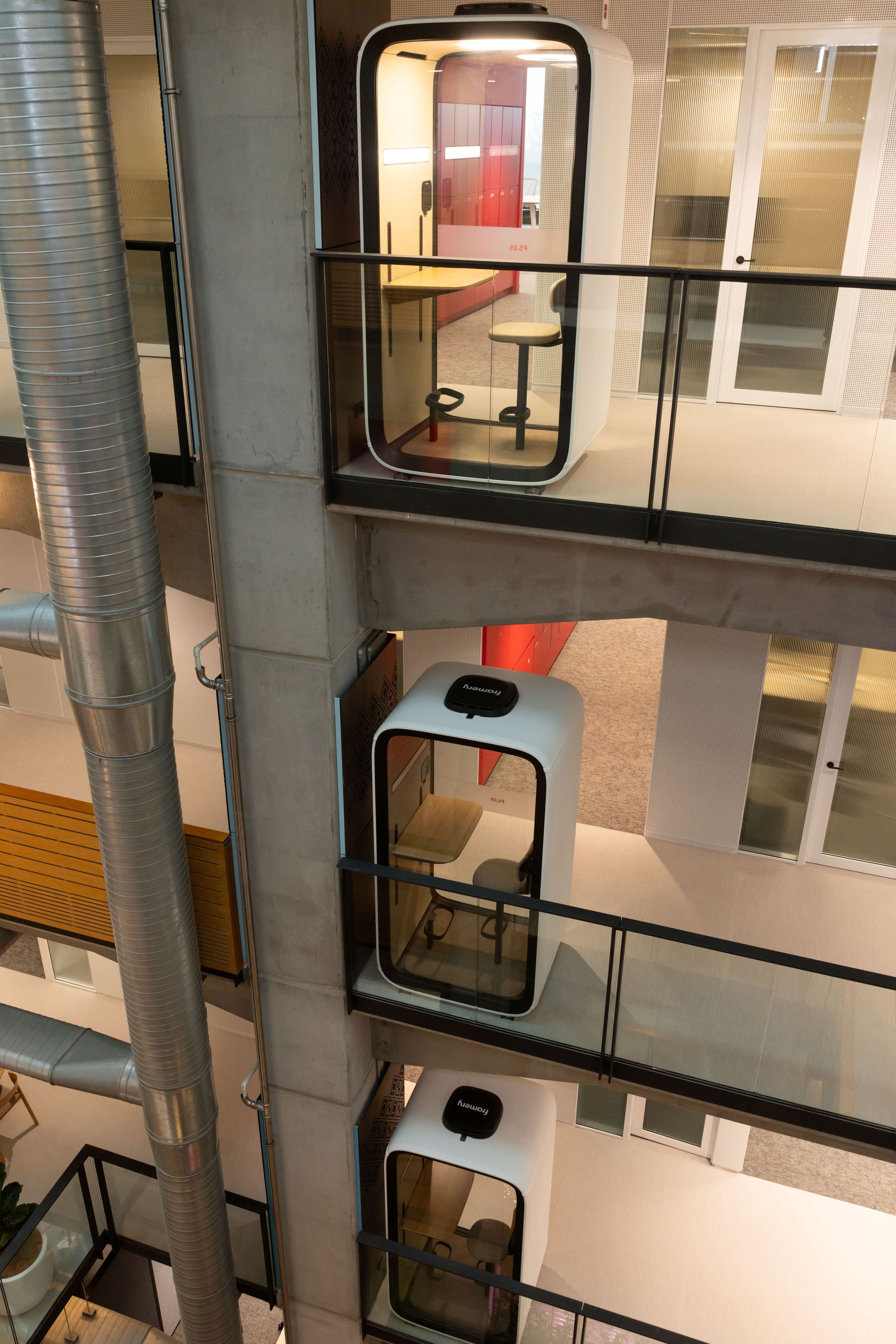 Modern interior design with glass panels and metallic elements