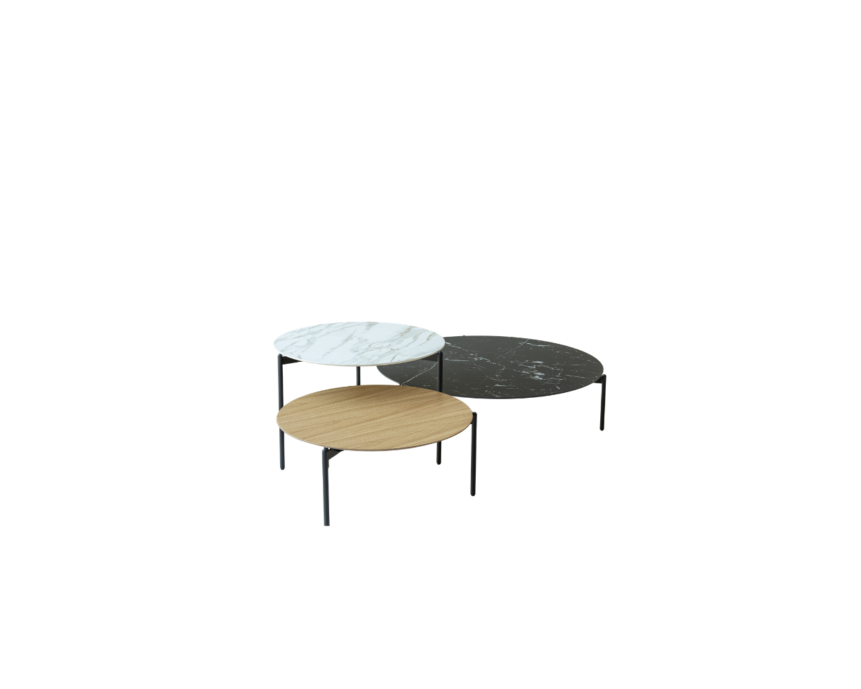 Set of three round coffee tables with different finishes on a white background