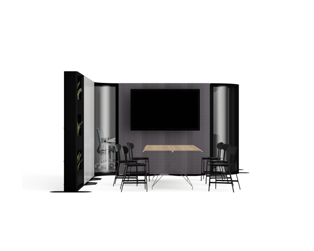 Modern office space with black partition walls, desk, and chairs on a white background
