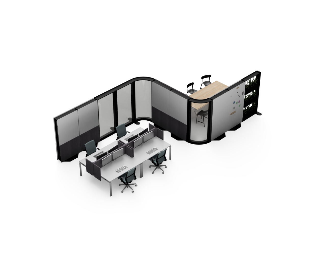 Modern office desk setup with partition walls on a white background