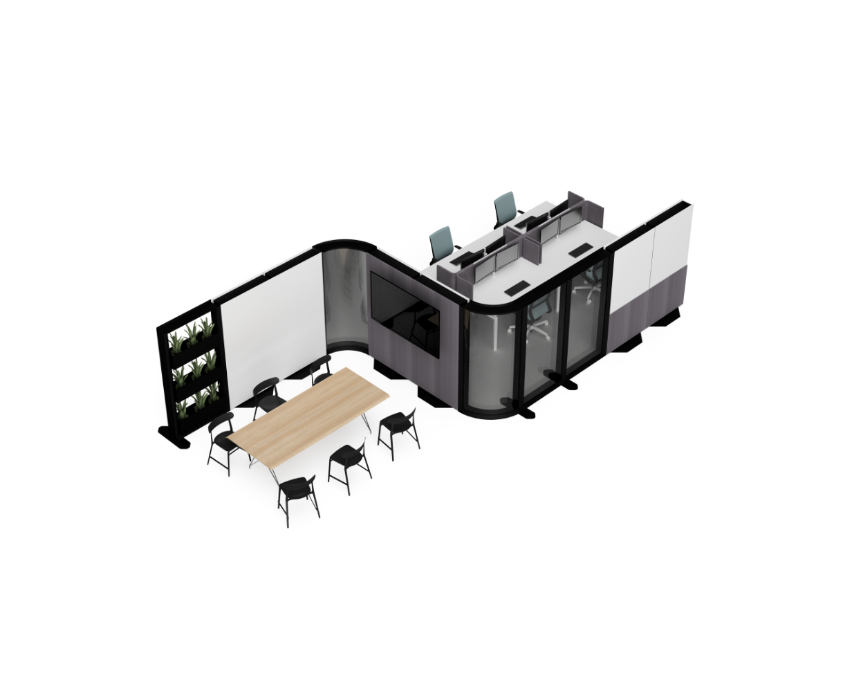 Modern office partition system with desks on a white background