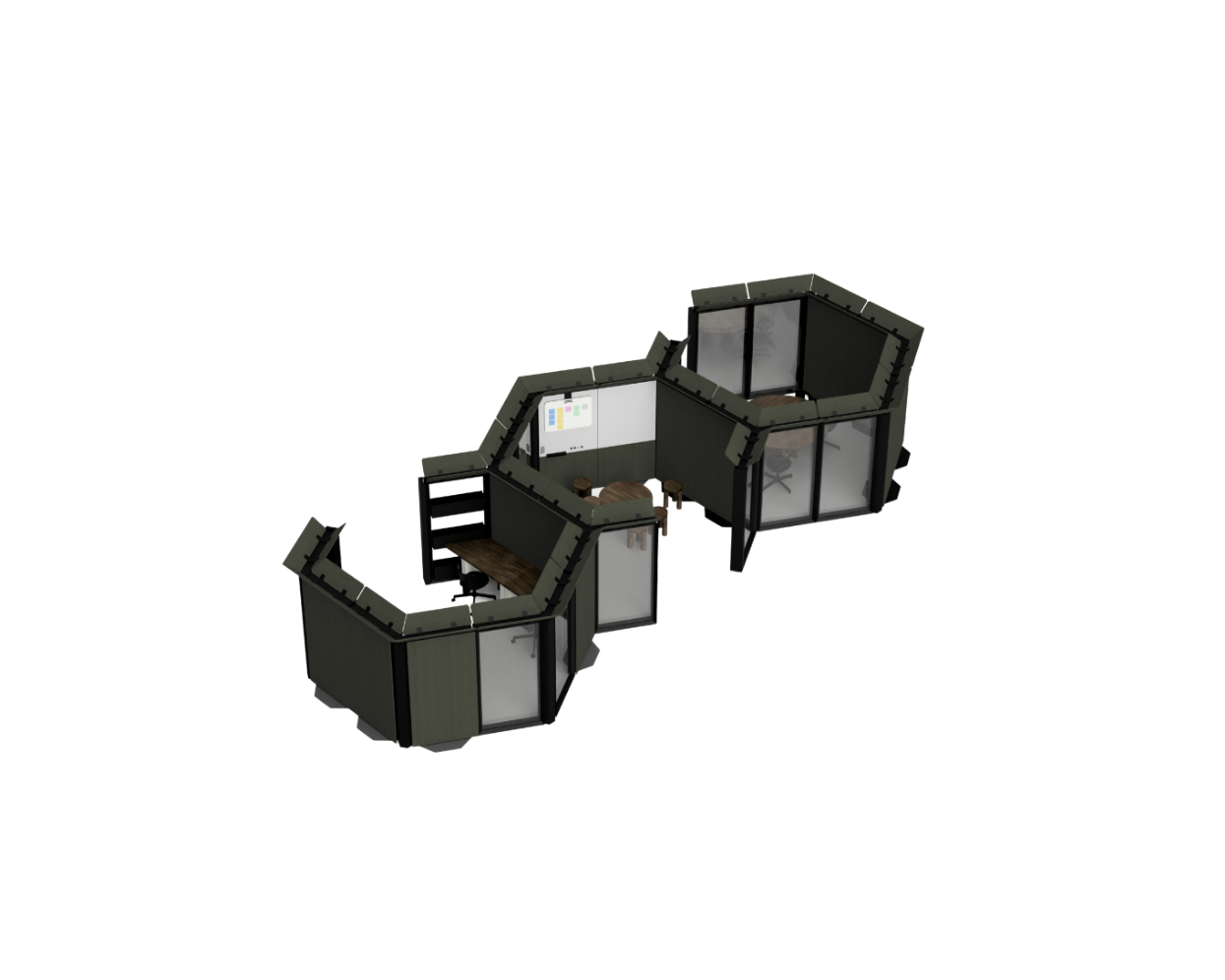 Modular office desk system with privacy panels on a white background