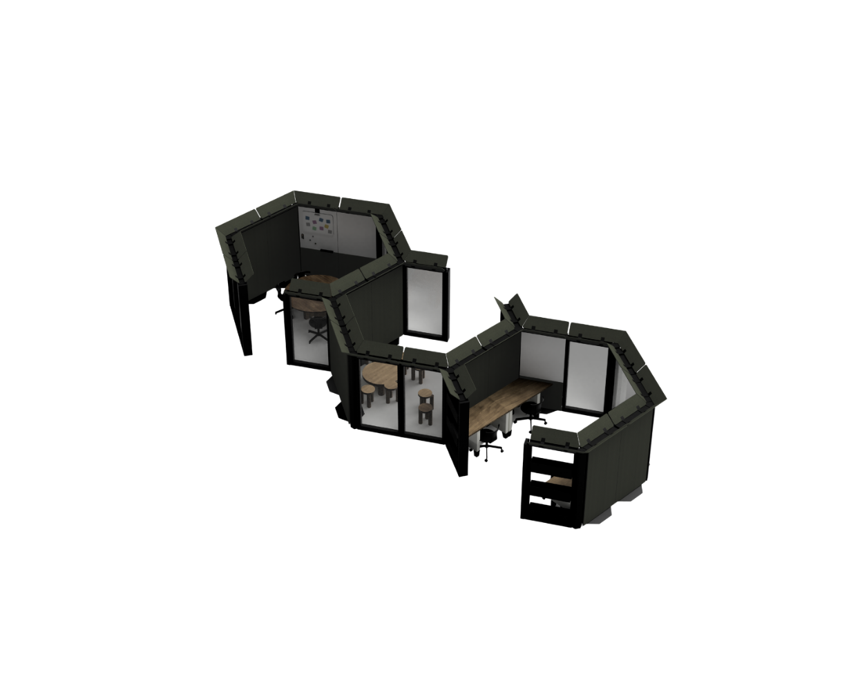 Black office cubicle setup on a white background