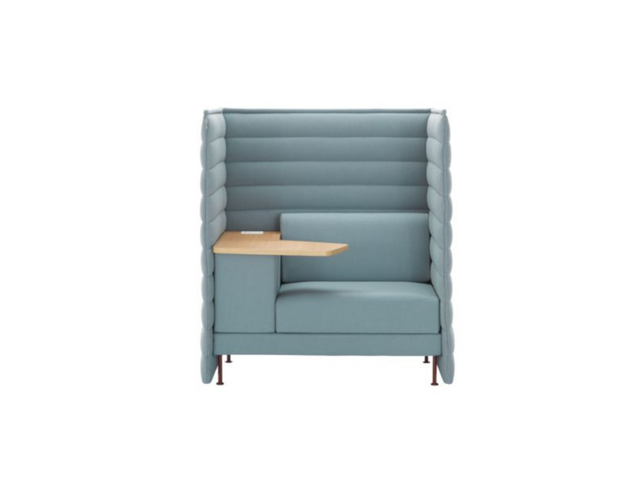 Light blue upholstered chair with a small wooden table on a white background