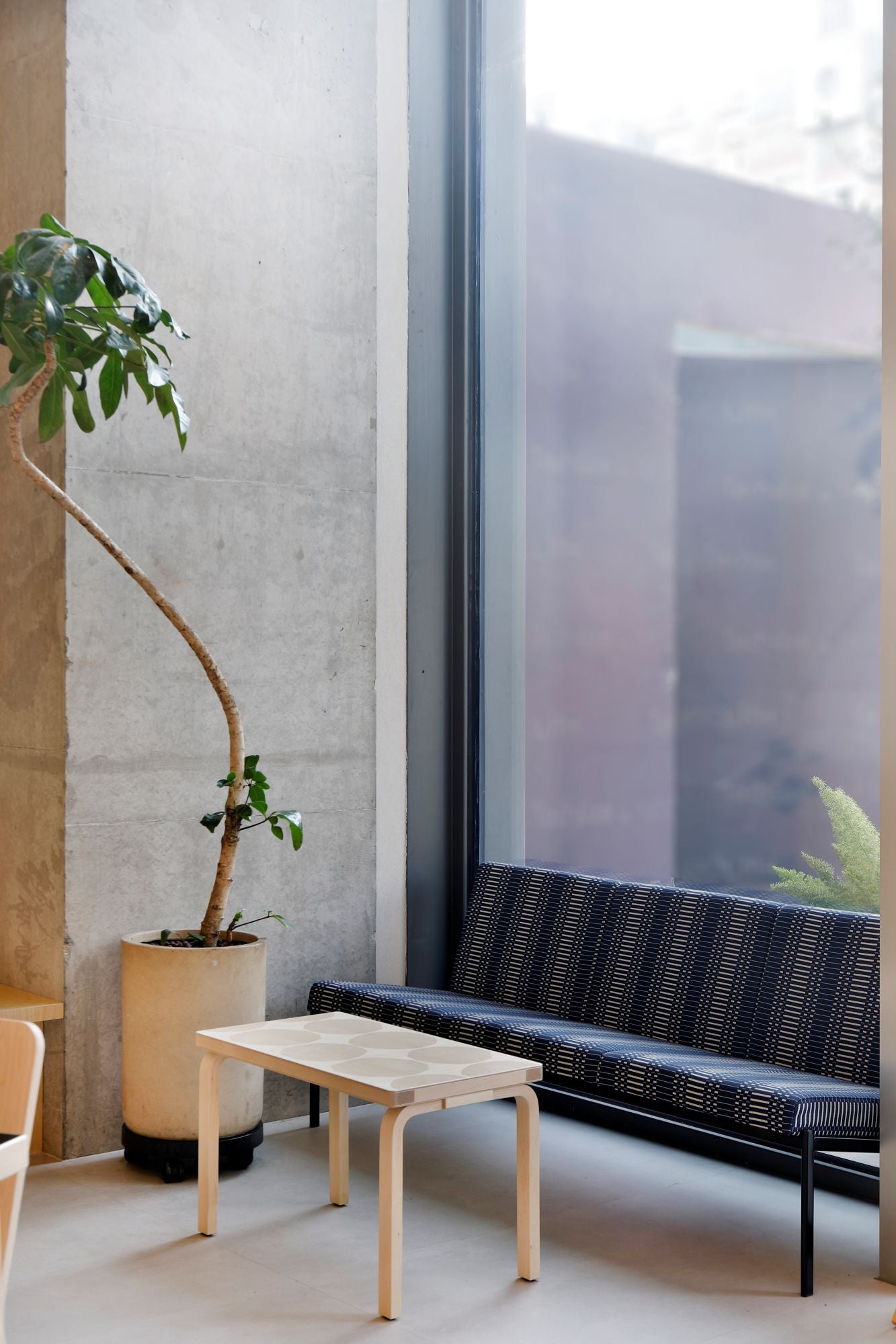 Modern interior with a plant, small table, and striped sofa.