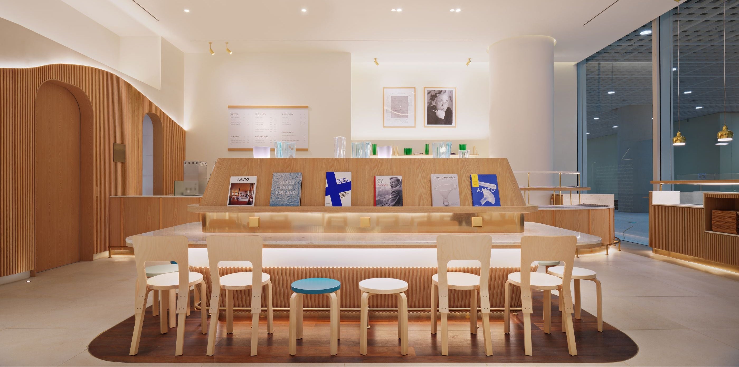 Modern interior design of a cafe with wooden furniture and decor.
