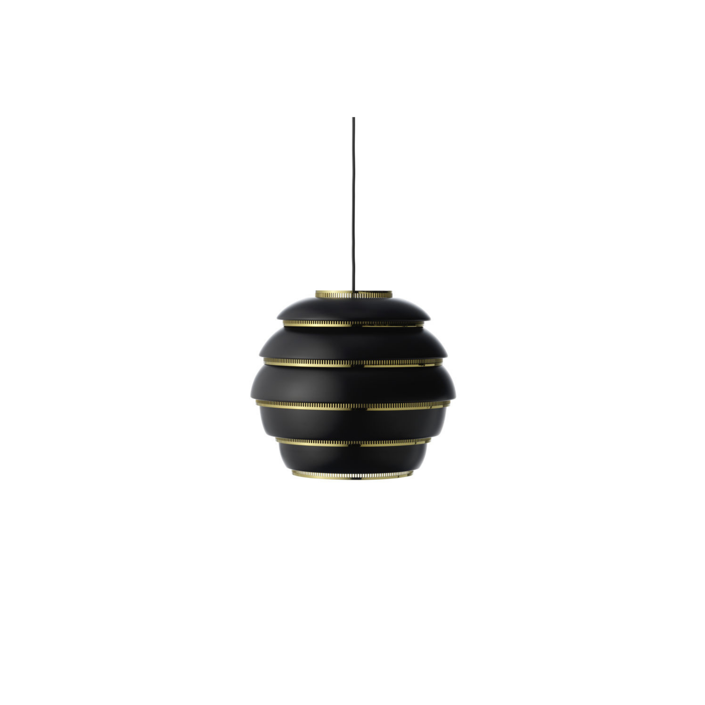 Black pendant light with gold accents on a white background