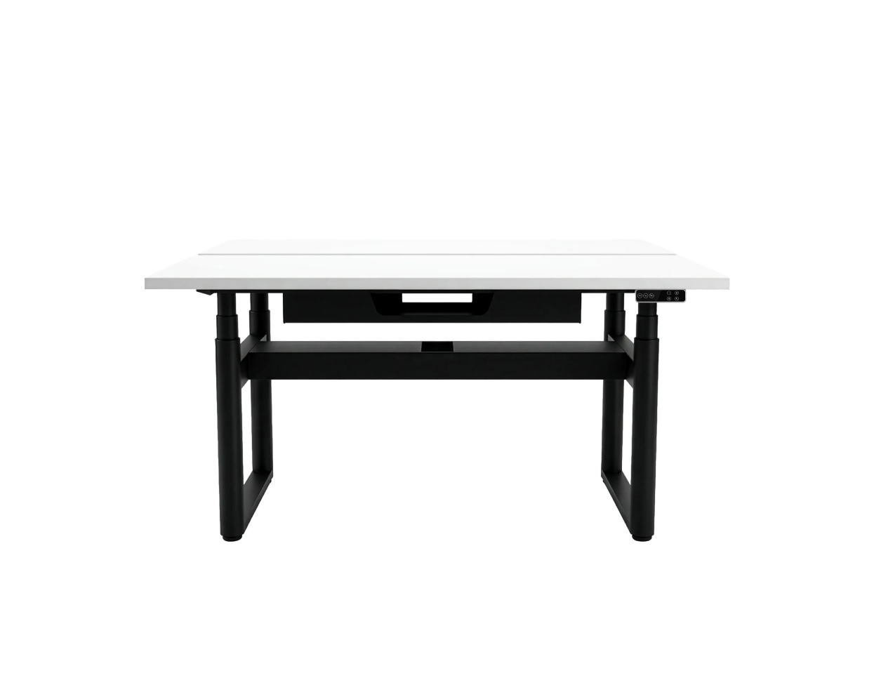 Black round leg back to back desk with white tops with bridge mounted and supper cable trays