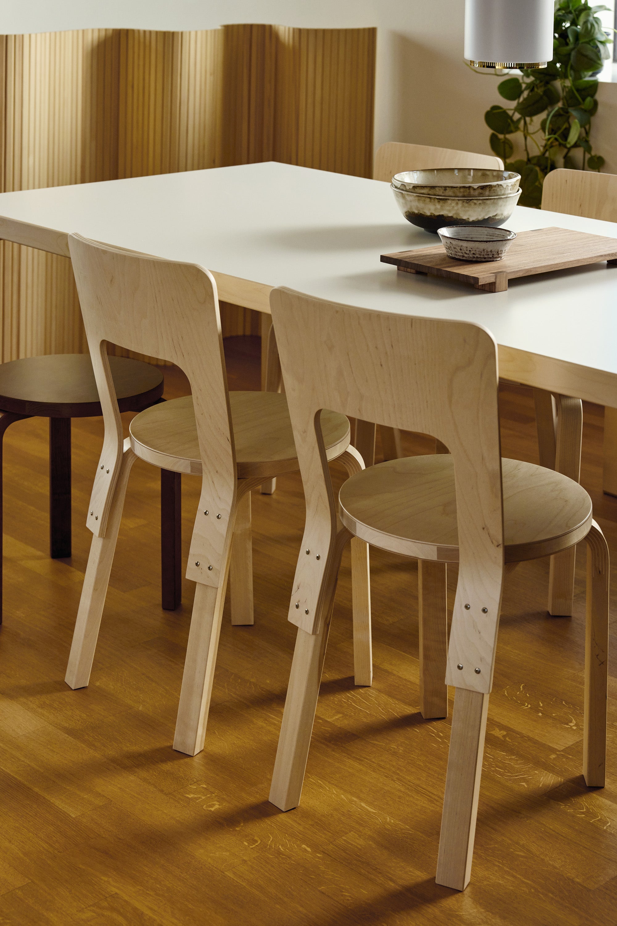 Dining table with chairs in a room with wooden flooring and a plant.