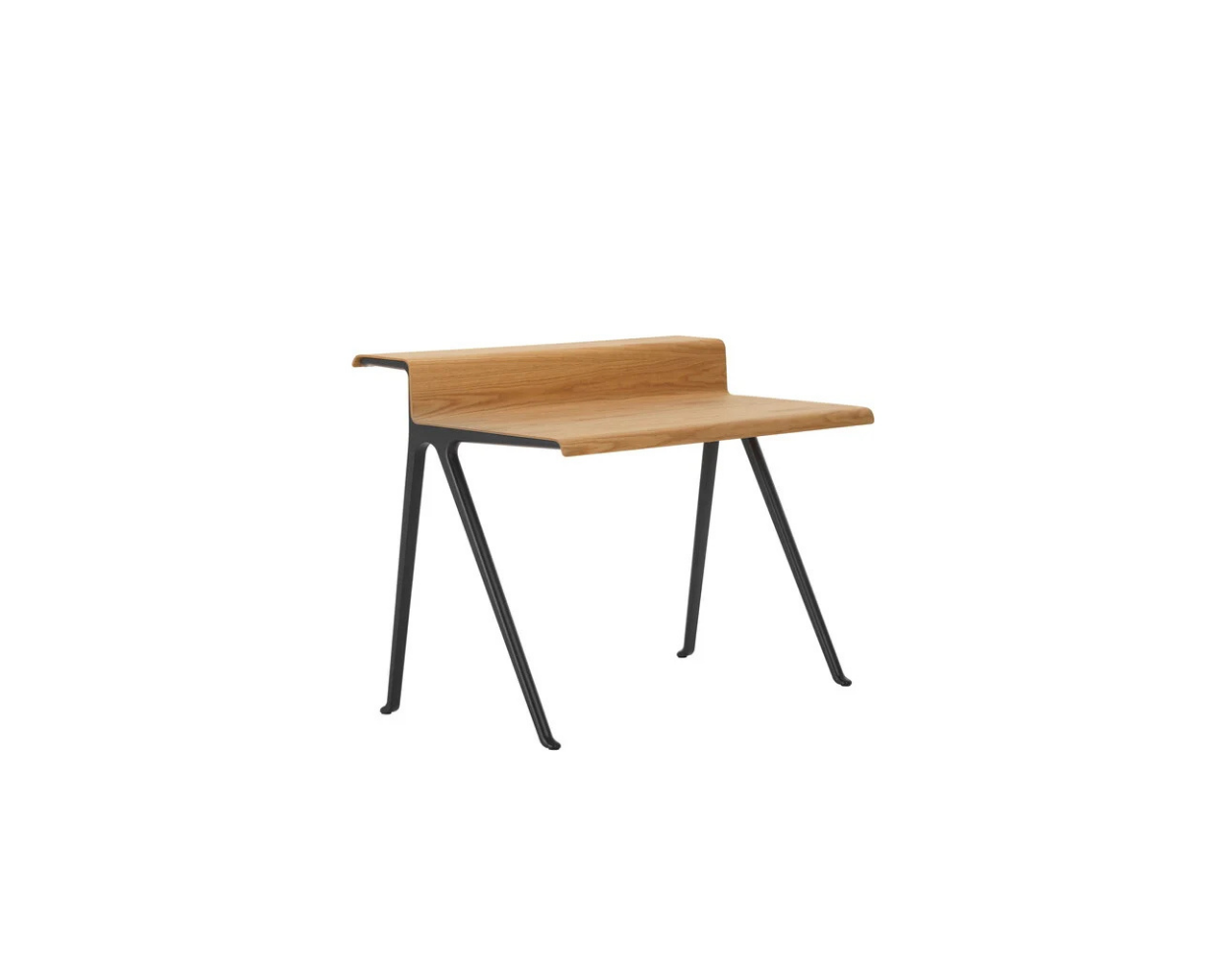 Wooden desk with black metal legs on a white background