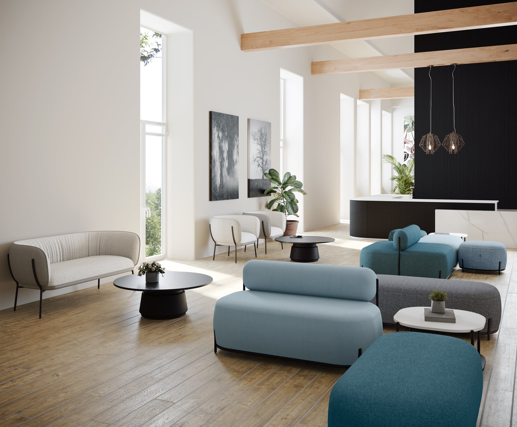 Modern living room with blue and gray furniture, large windows, and decorative elements.
