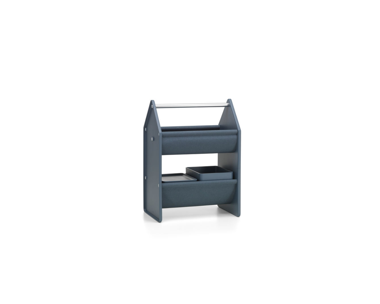 Blue children's bookshelf with two shelves on a white background