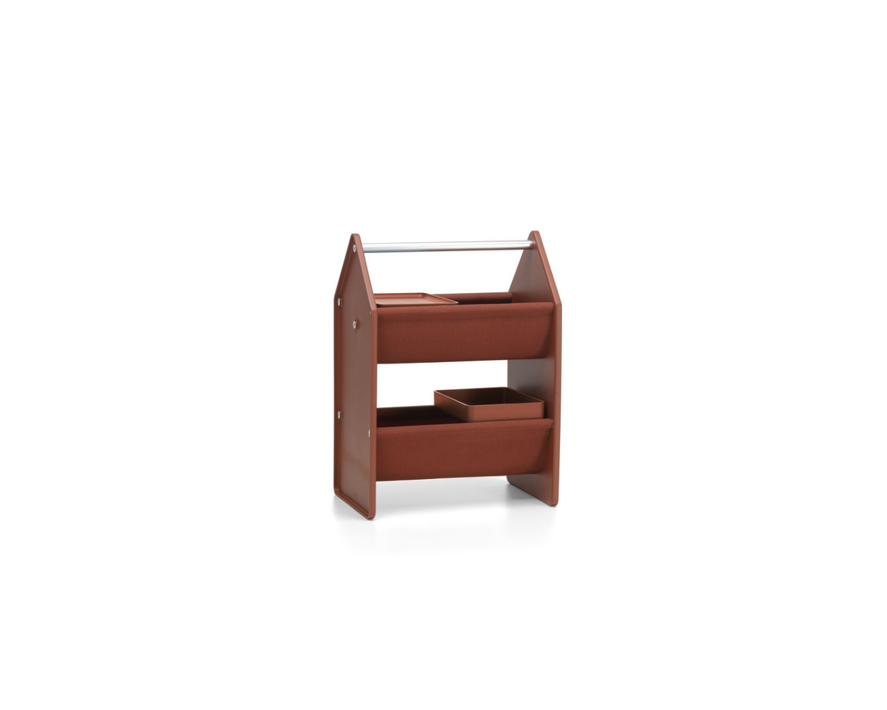 Brown children's bookshelf with multiple shelves on a white background
