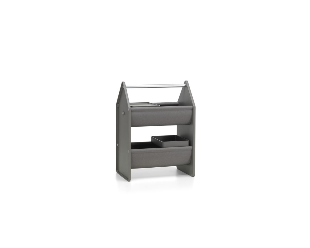Gray children's desk with storage drawers on a white background
