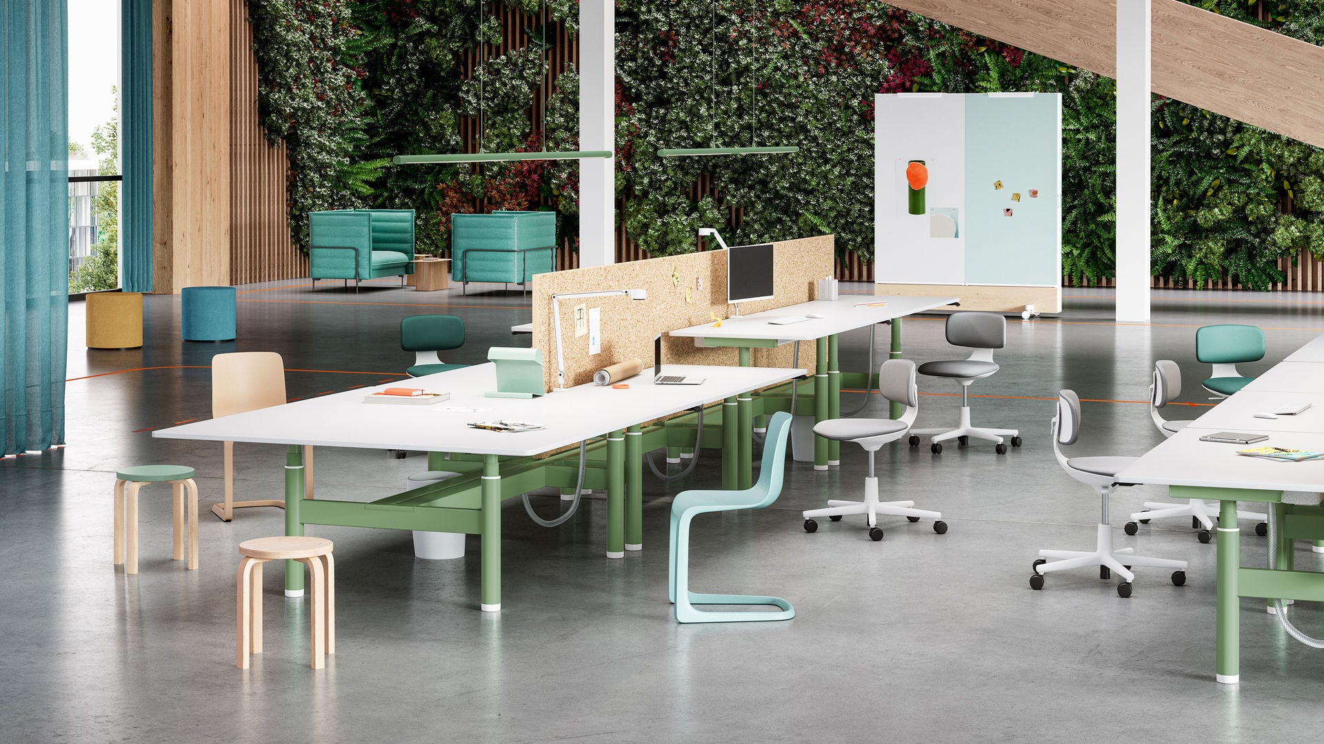 Modern office furniture with desks, chairs, and a whiteboard in an open-plan setting.