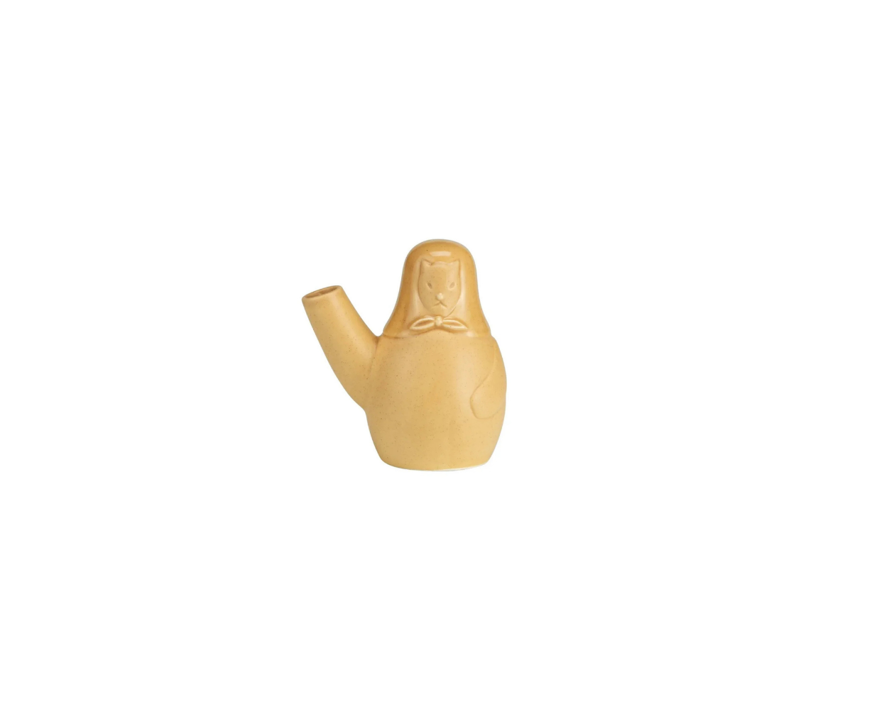 Beige ceramic object resembling a traditional Russian nesting doll on a white background