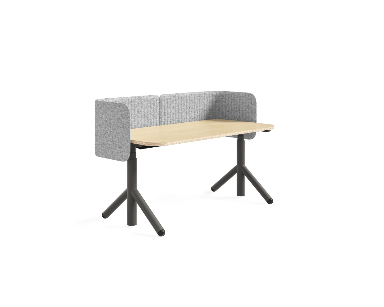 Modular office desk with grey upholstered screen on a white background