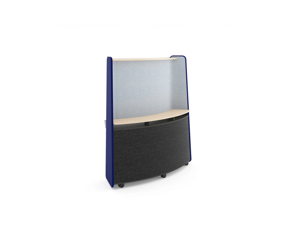 Modular office partition with blue frame and beige top on a white background