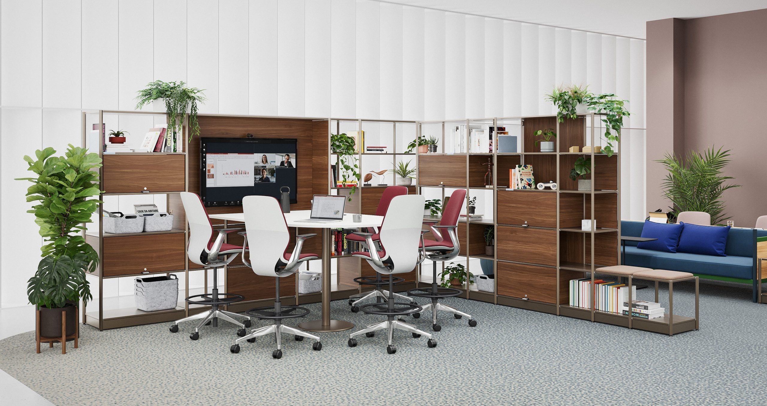 Modern office setup with desks, chairs, and office furniture.