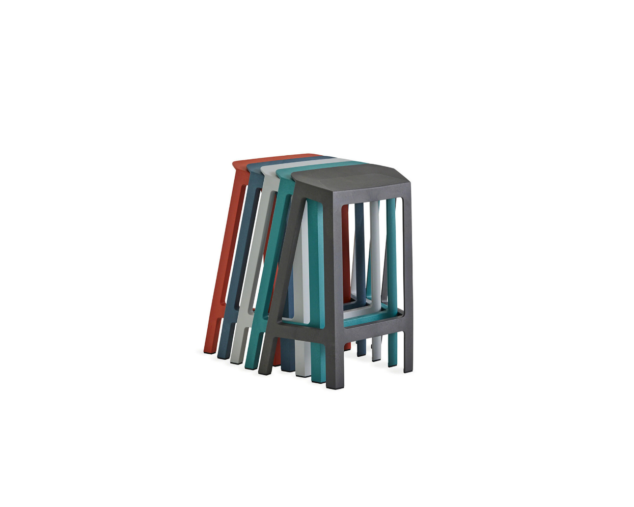 Set of colorful stools stacked on a white background