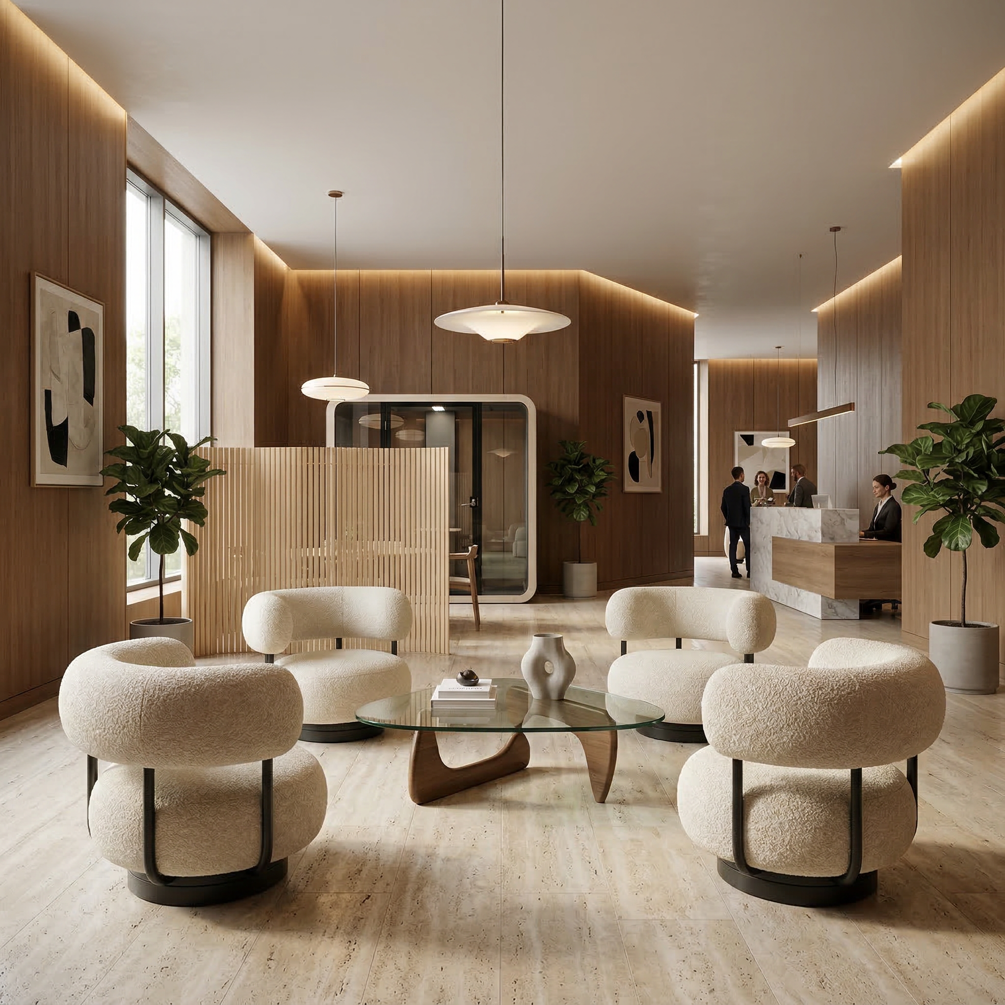 Modern interior design of a living room with beige furniture and wooden flooring.