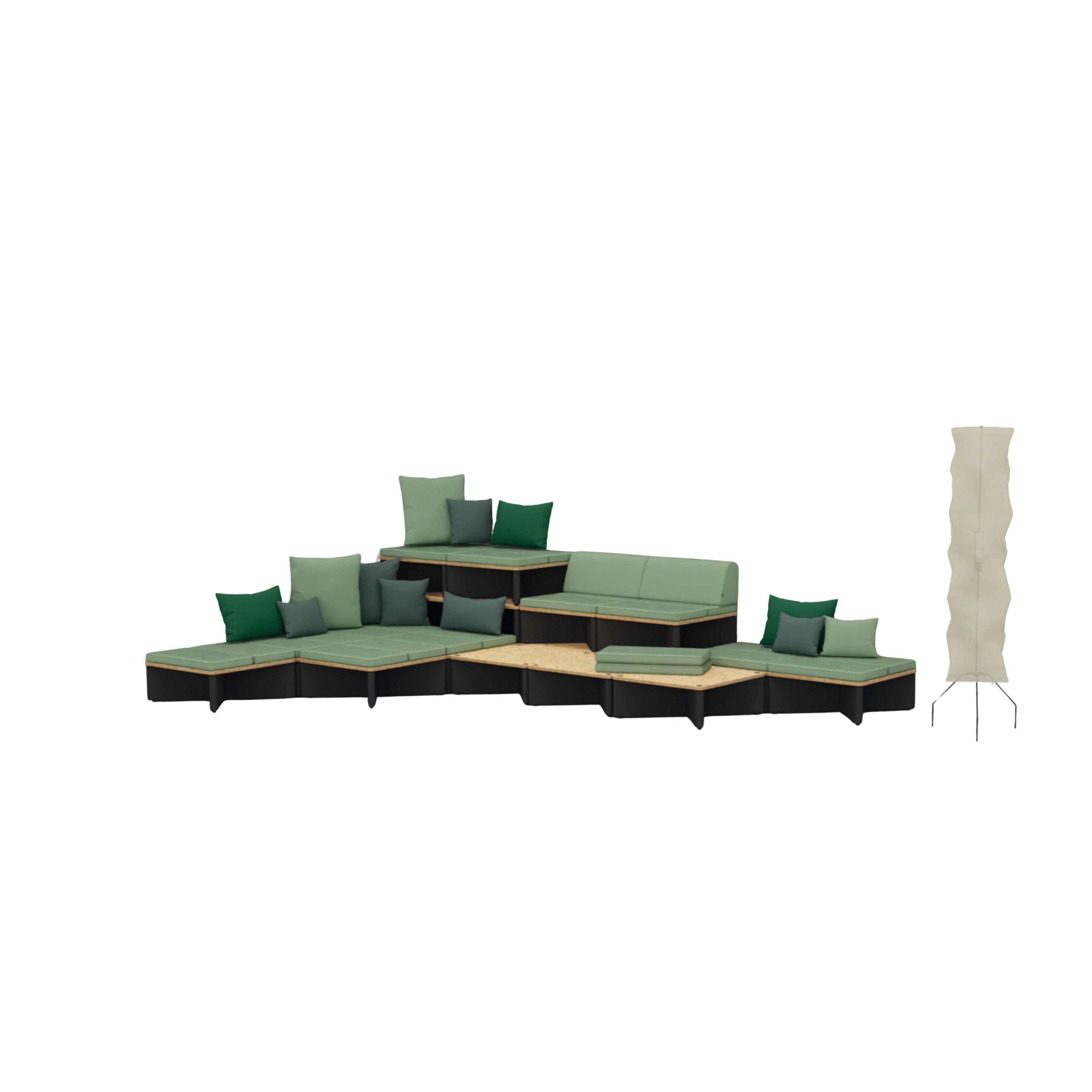 A modular outdoor lounge set with light green cushions, dark brown frames, and dark green accent pillows, shown alongside a tall cream-colored floor lamp on a plain white background.