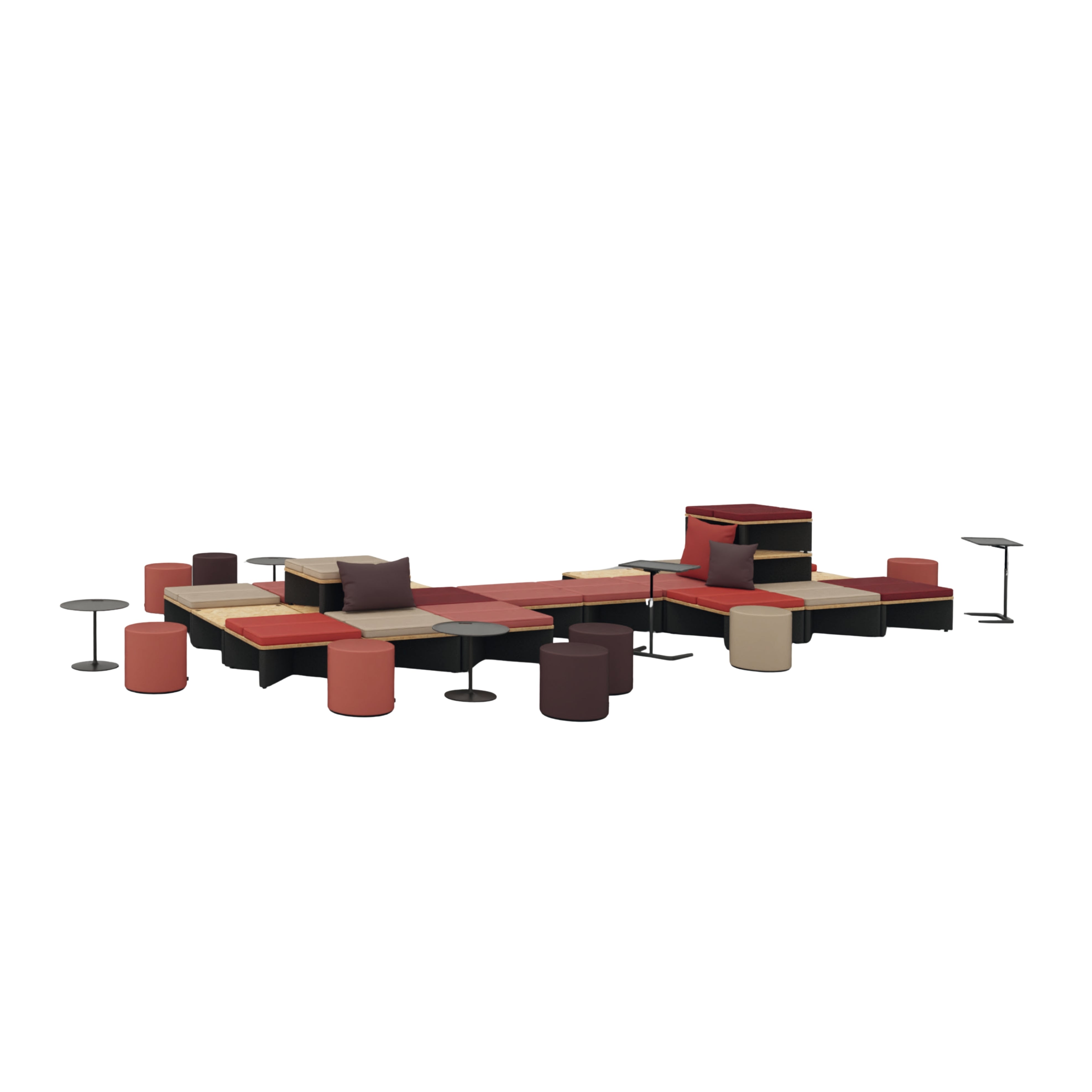 A modular seating arrangement with low tables, cylindrical stools, and a raised platform, shown on a plain white background.