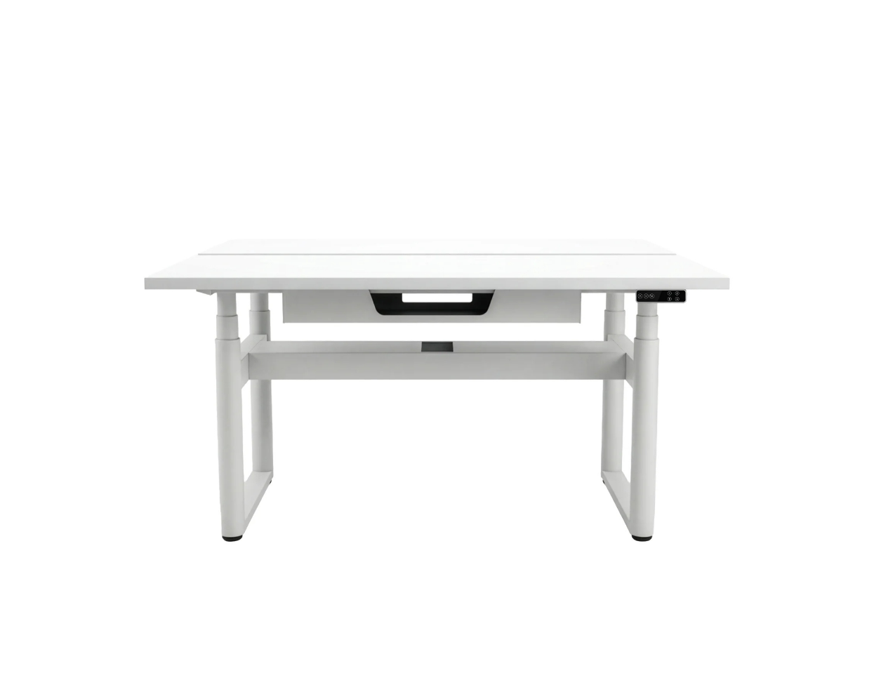 White round leg back to back desk with white tops with bridge mounted and supper cable trays