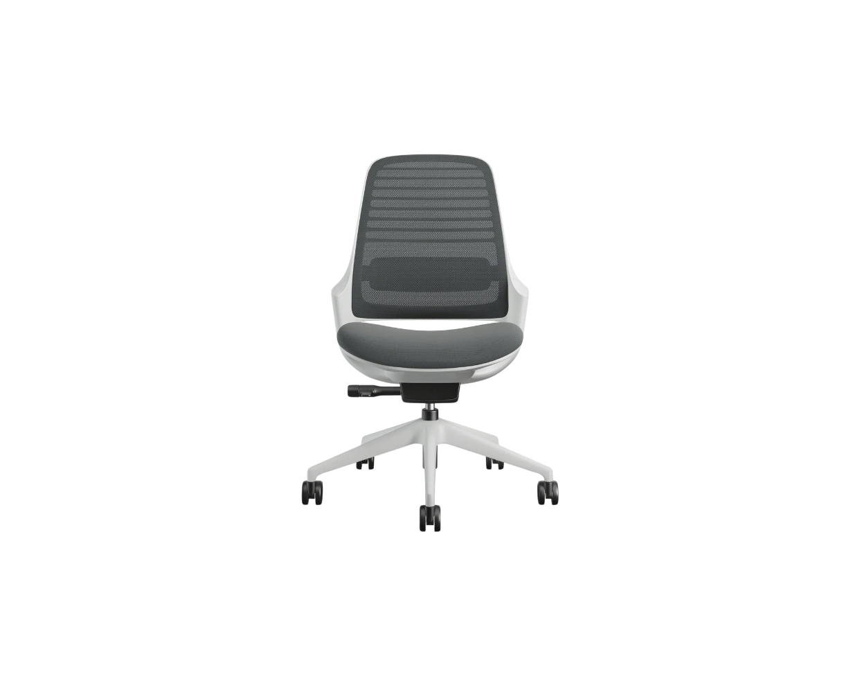 Grey office chair with white base on a white background