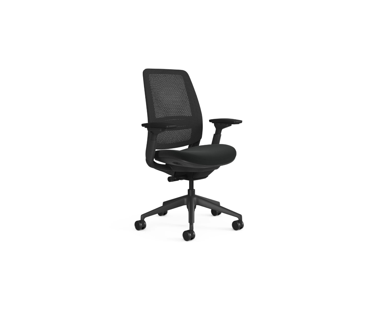 Black office chair with mesh back on a white background