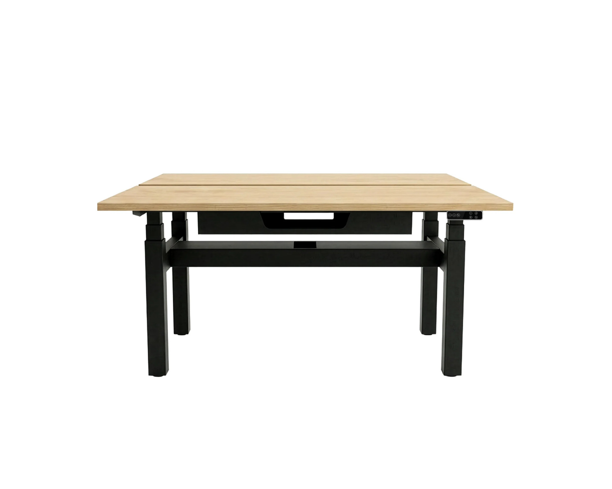 Black Square leg back to back desk, with woodgrain tops and upper and lower cable trays