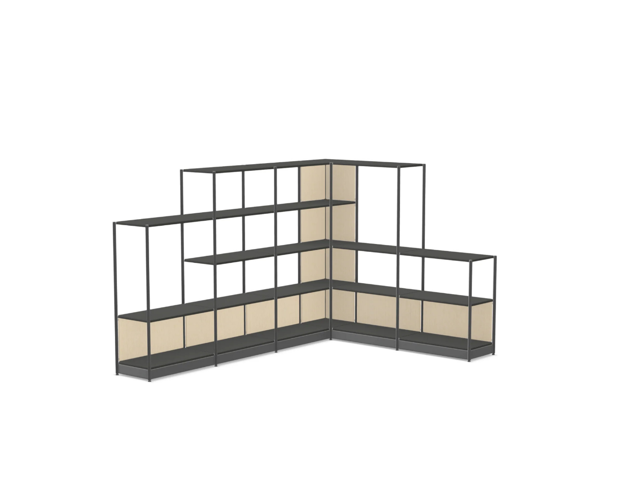 Corner display unit with metal frame and beige shelves on a white background