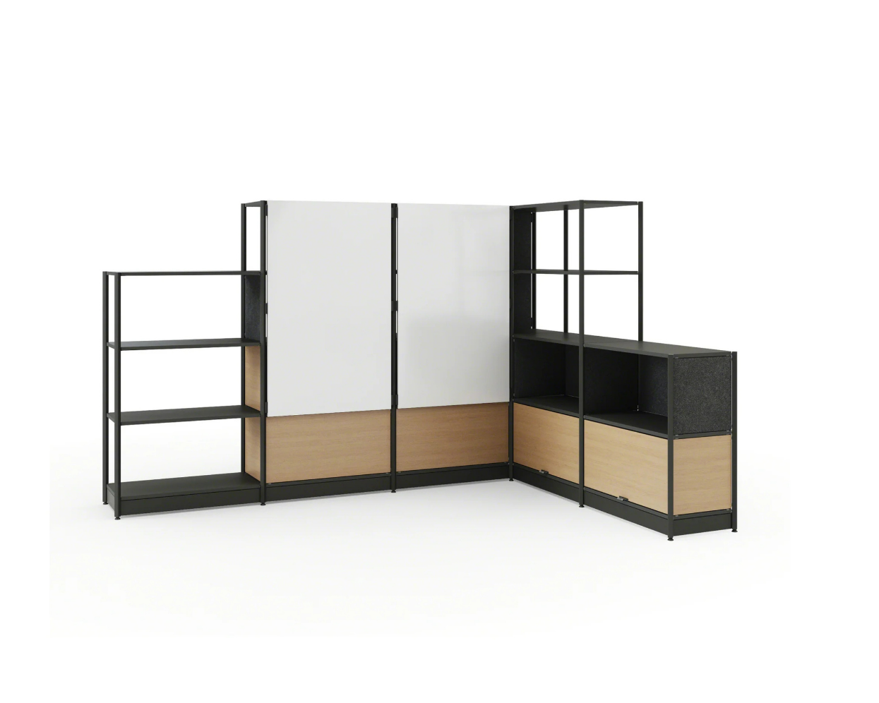Modular office partition with shelves and whiteboards background