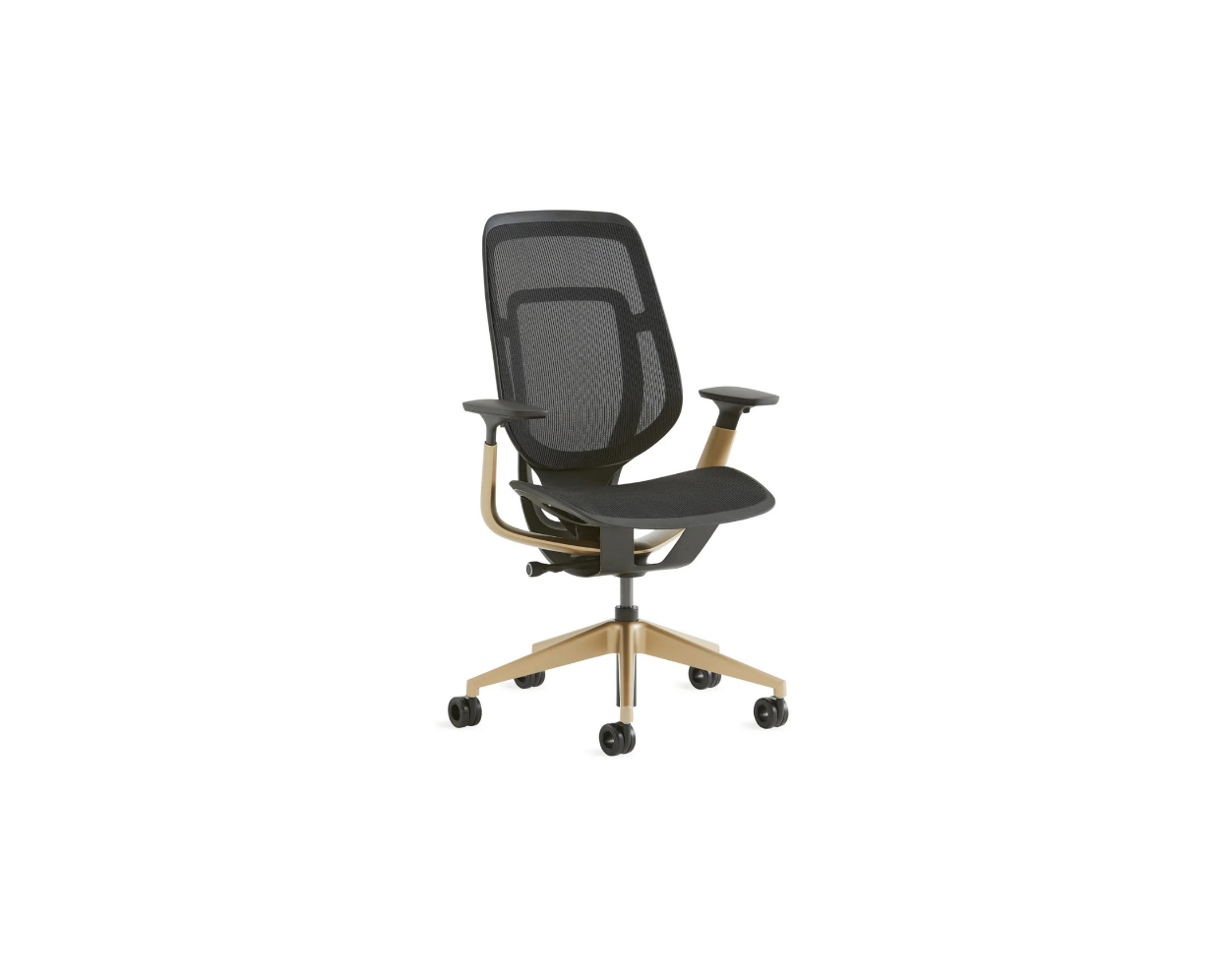 Black office chair with mesh backrest on a white background