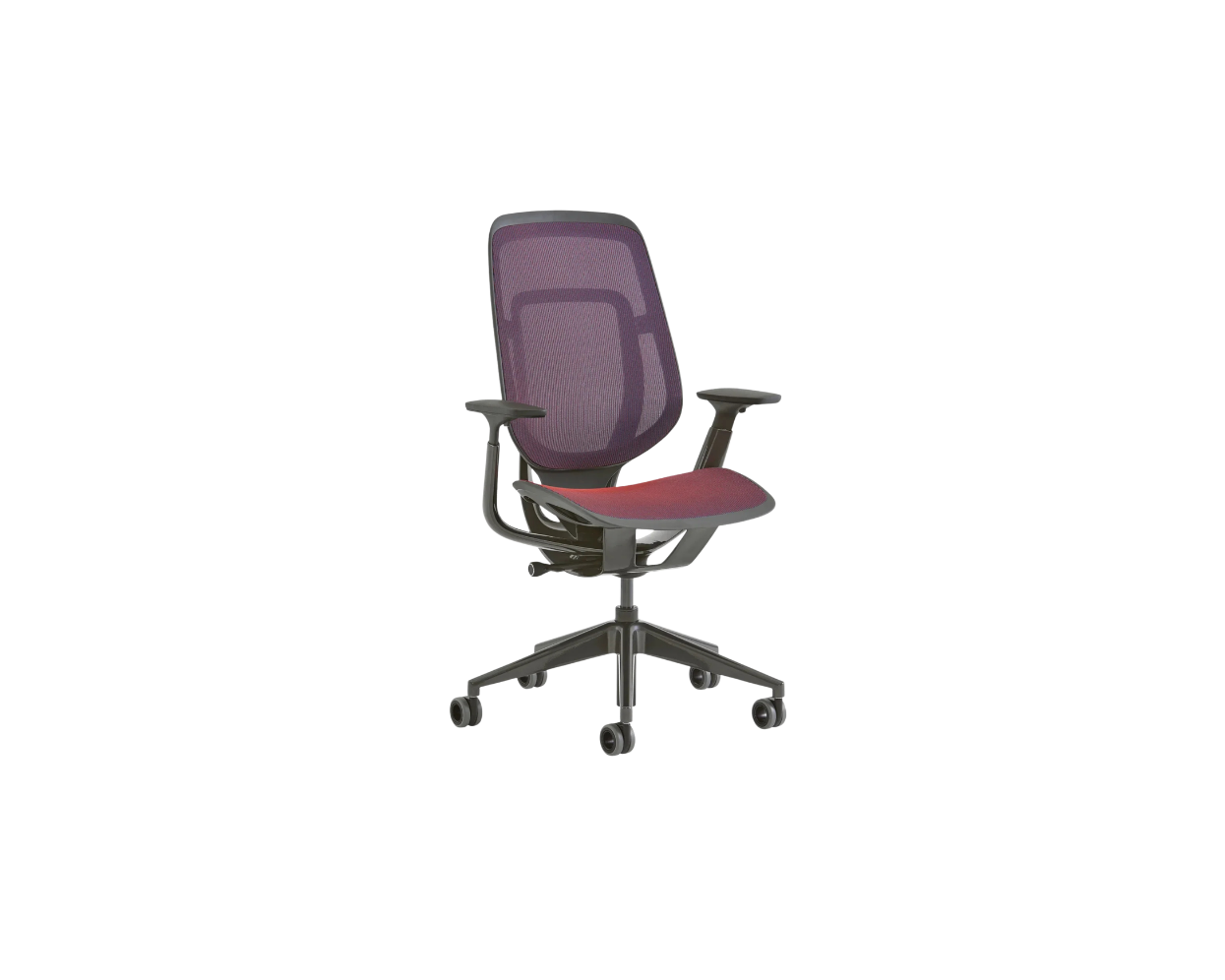 Ergonomic office chair with purple mesh backrest and red seat on a white background