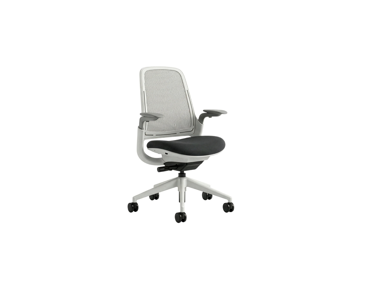 Ergonomic office chair with mesh backrest and black seat on a white background