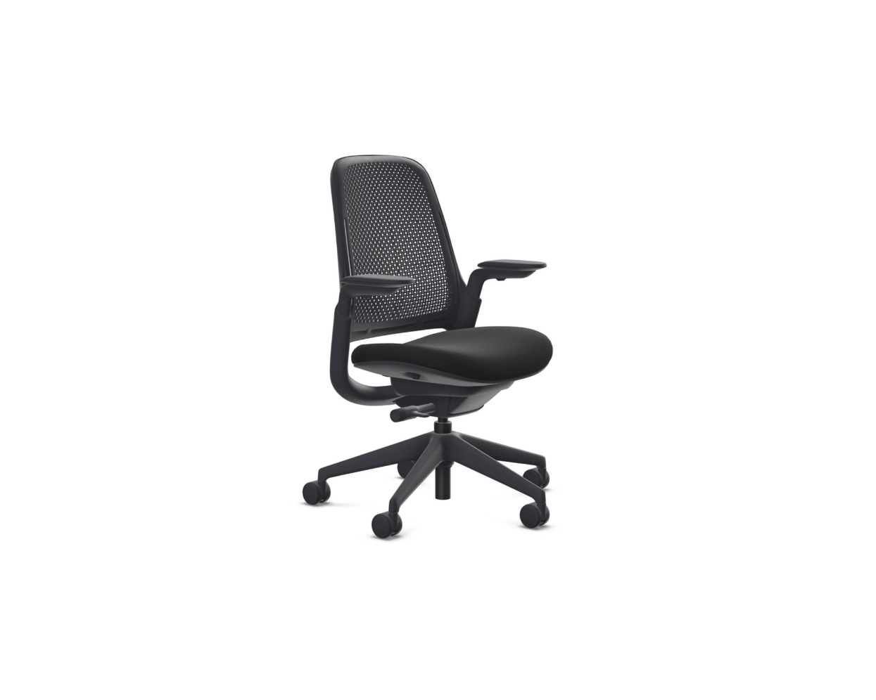 Black office chair with mesh back on a white background