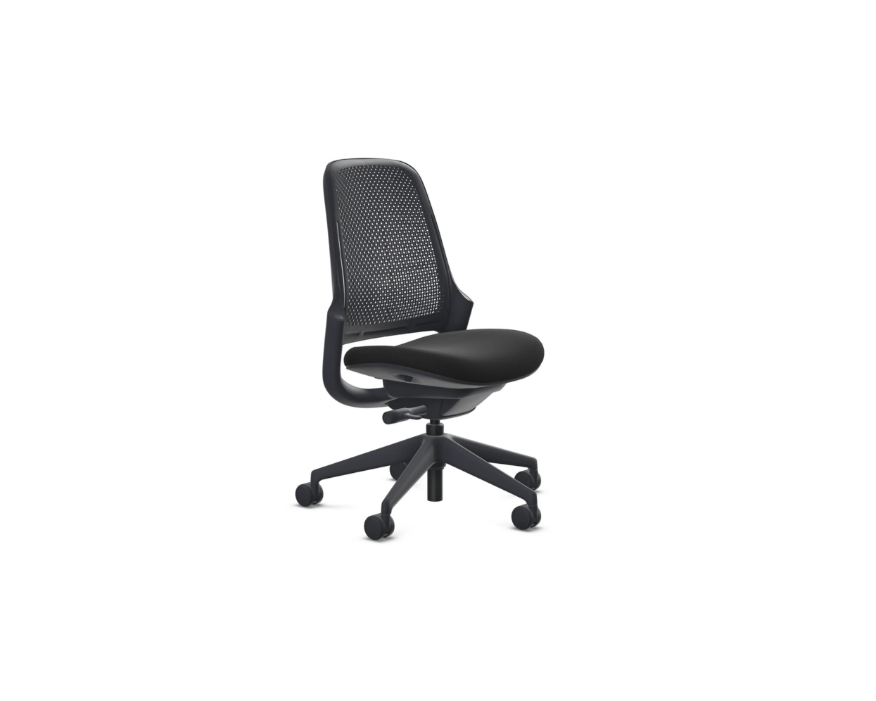Black office chair with mesh back on a white background
