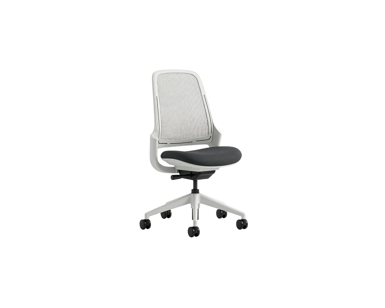 Modern office chair with mesh backrest and black seat on a white background