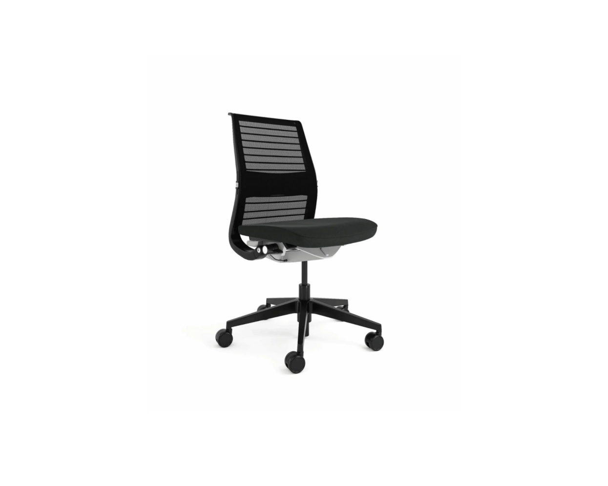 Black office chair with mesh back on a white background