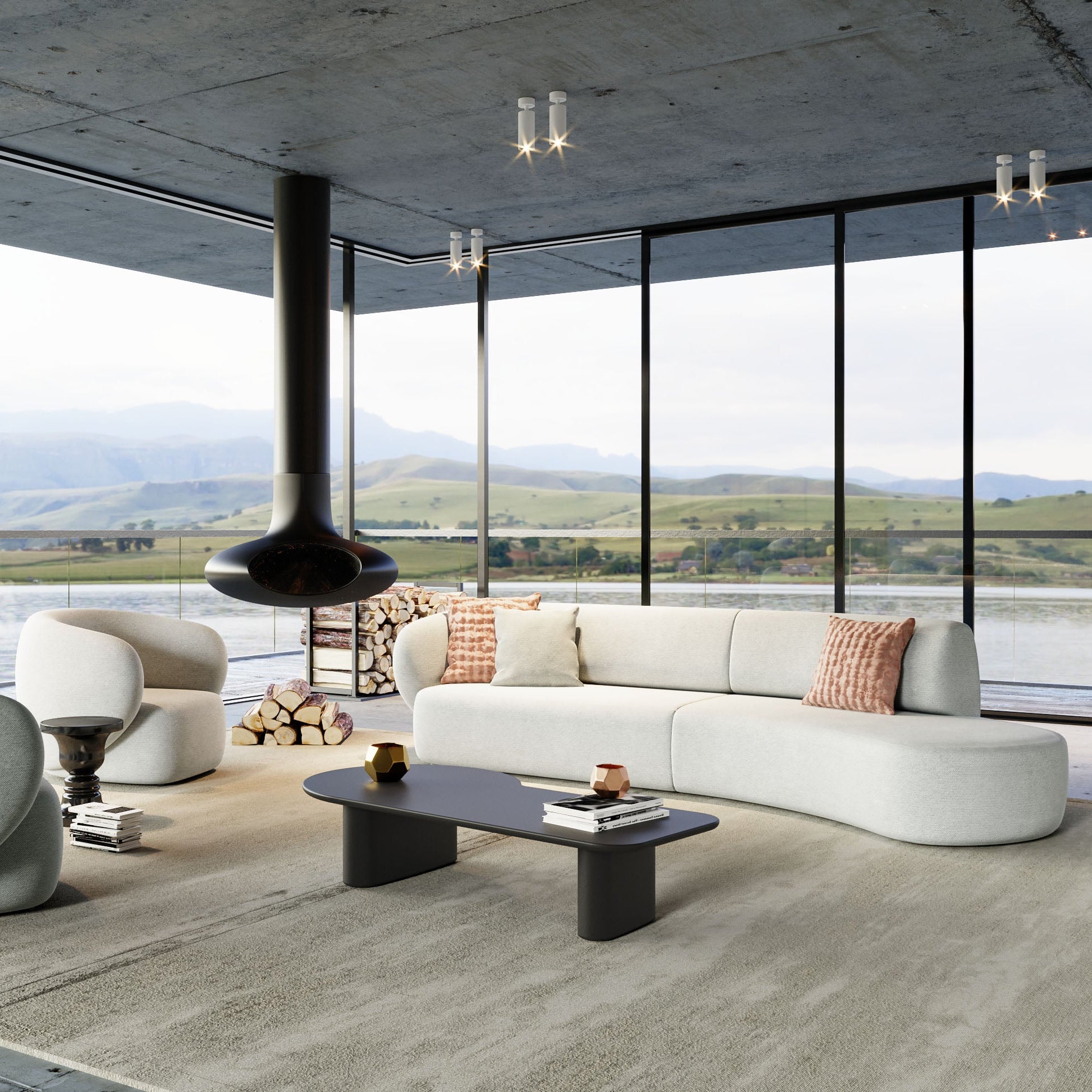 Modern living room with a view of a scenic landscape