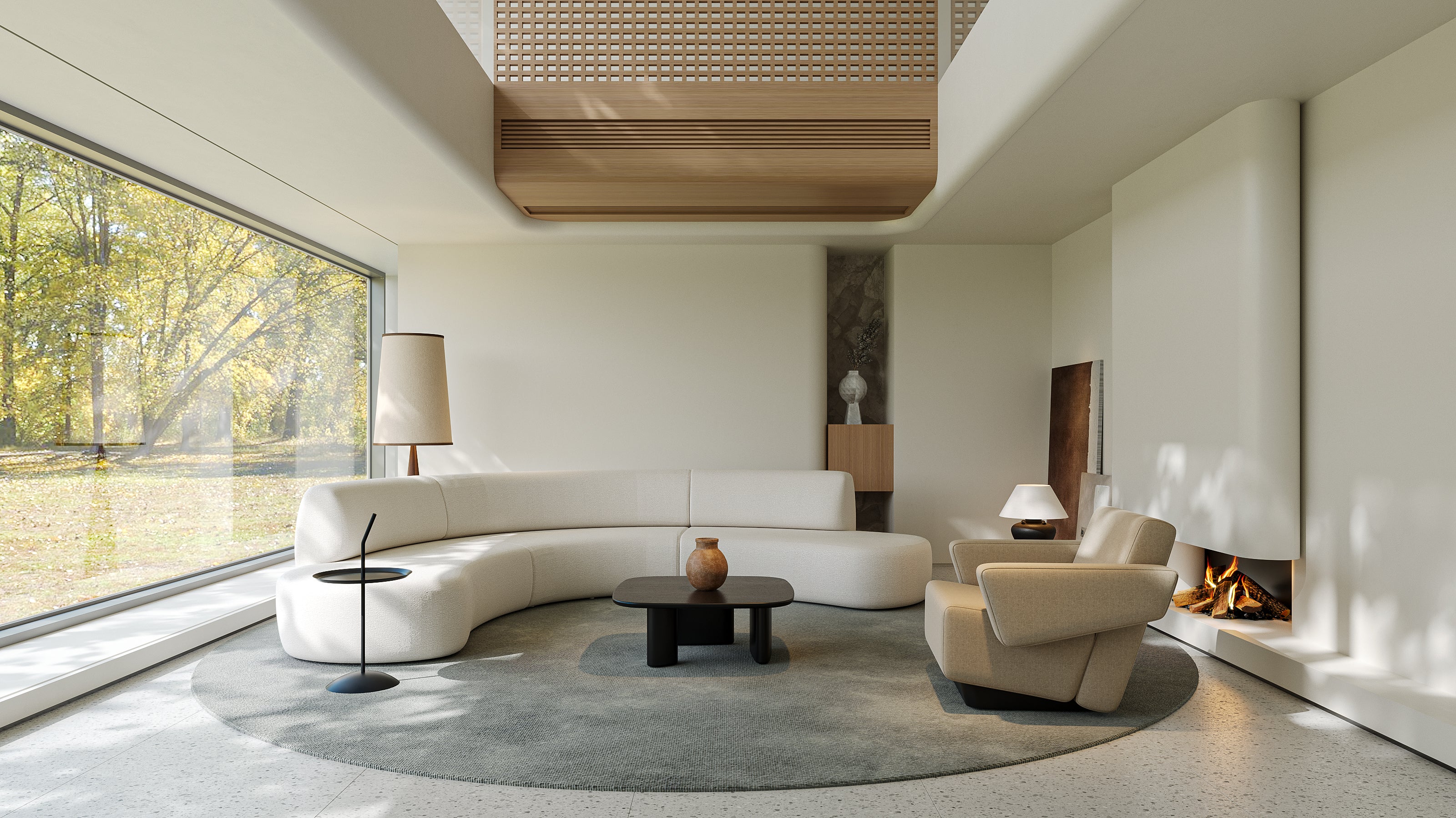 Modern living room with a curved white sofa, armchair, and large windows.