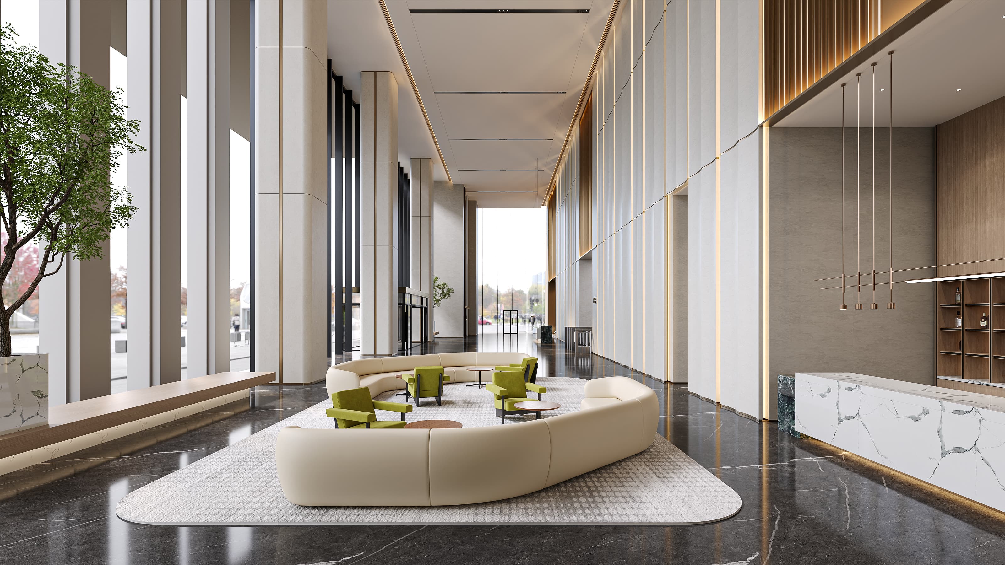 Modern interior of a building with a large curved sofa and floor-to-ceiling windows.