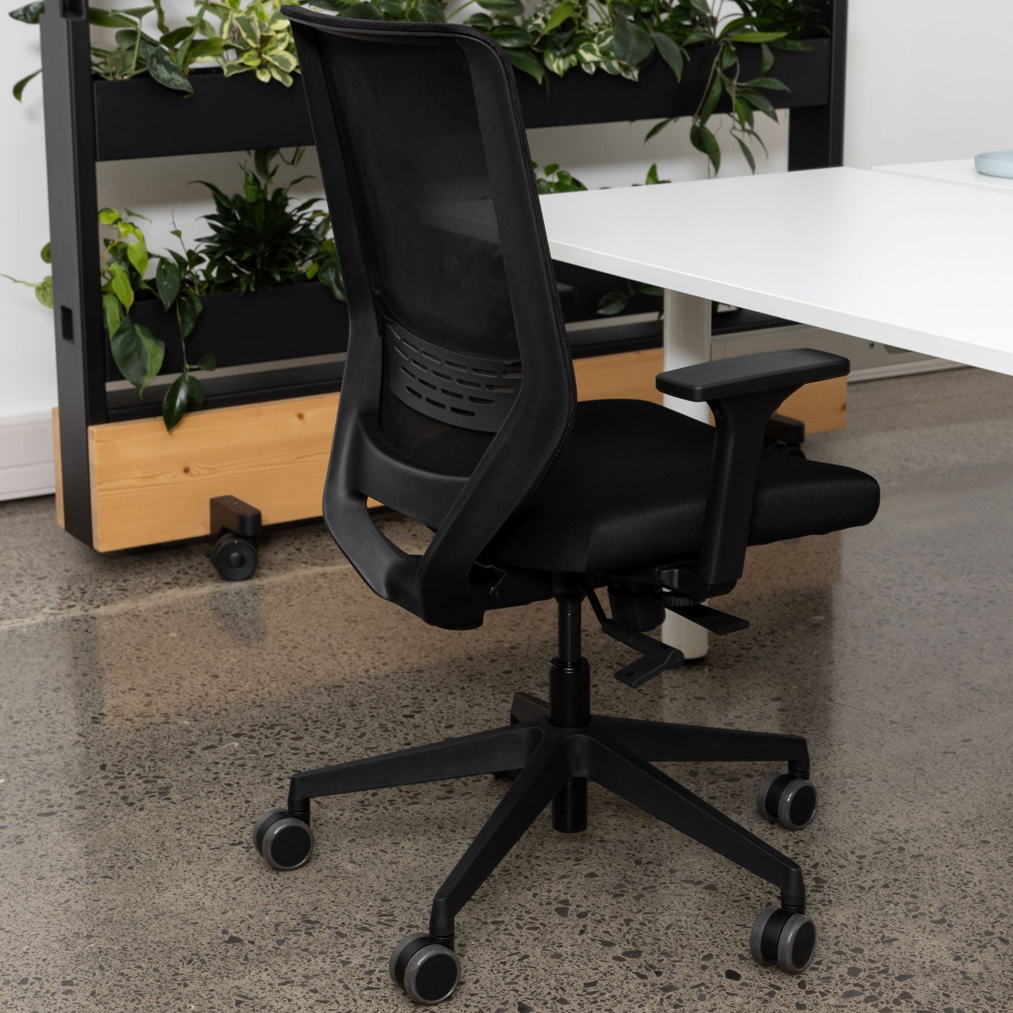 Black office chair in front of a white desk with a plant wall in the background