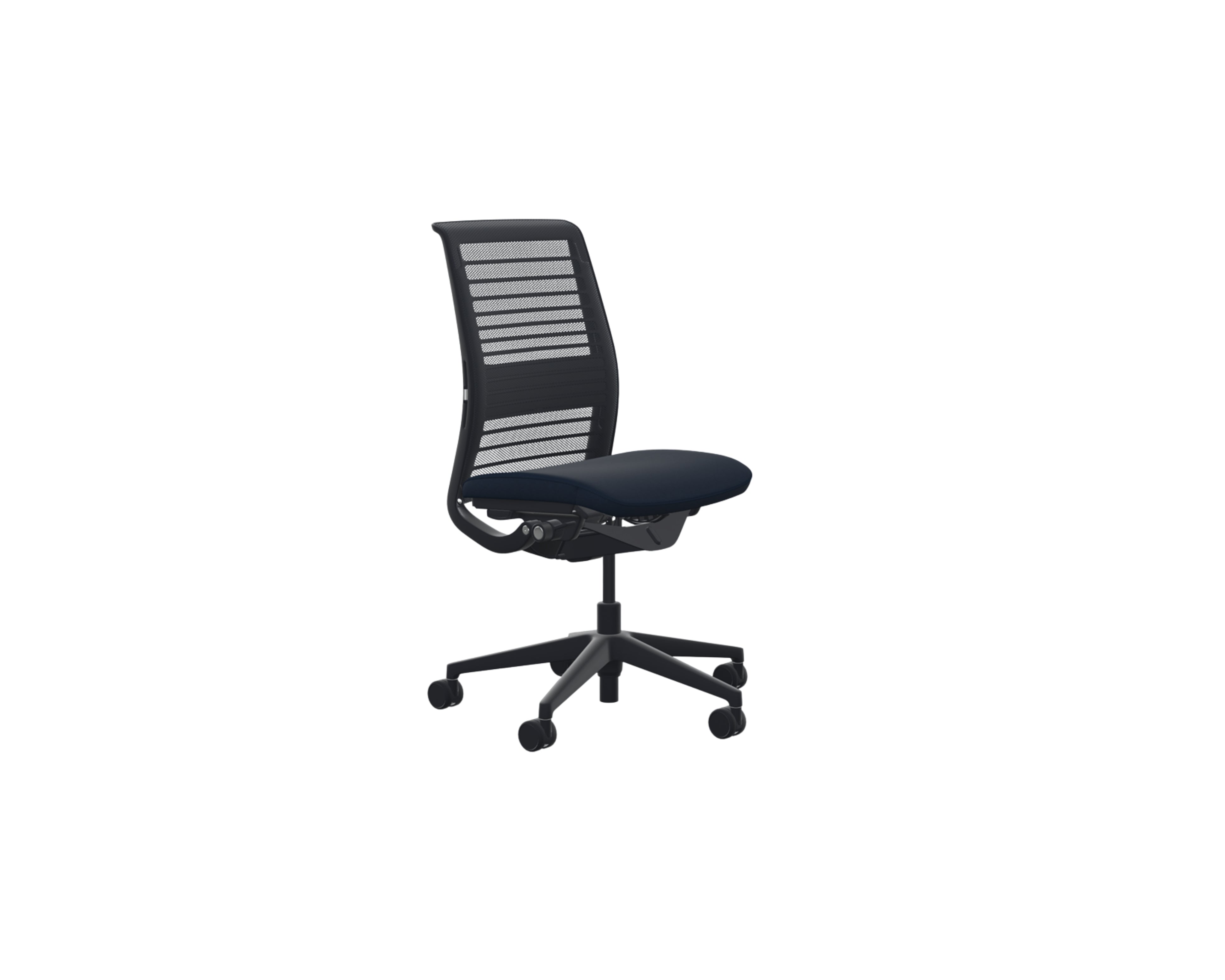 A modern black mesh office chair with a black padded seat and a five-star wheeled base, shown against a plain white background.